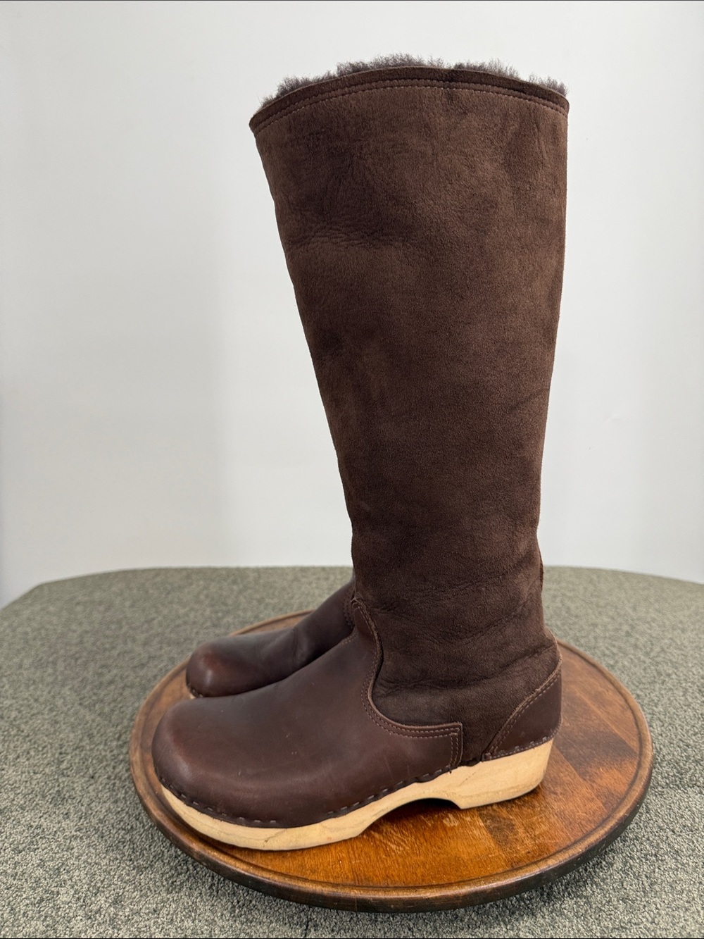 Tall Shearling Clog Boots Wm 41 US 9.5-10 Brown Suede Leather Winter Wooden Sole